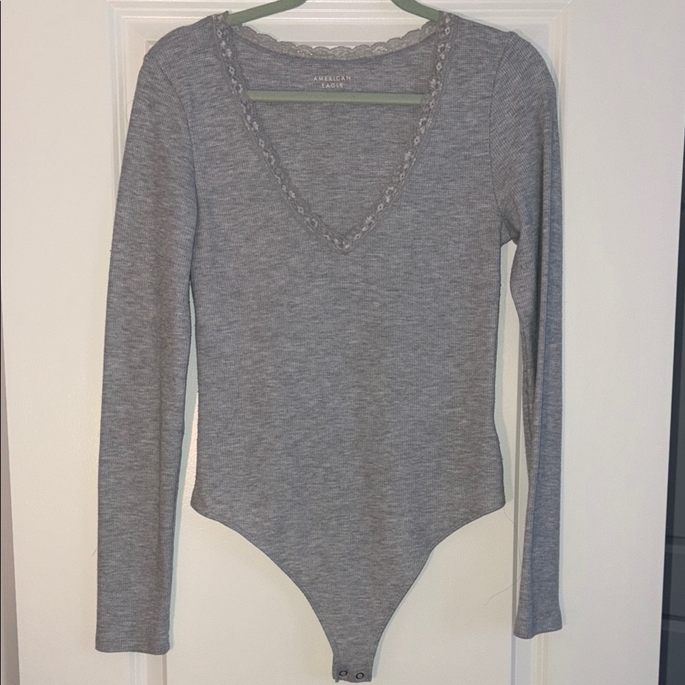 American Eagle Outfitters Heather Gray Lace Trim Bodysuit